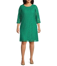 Caroline Plus Size Floral Lace Round Neck 3/4 Sleeve Bodice Lined Shift Dress
