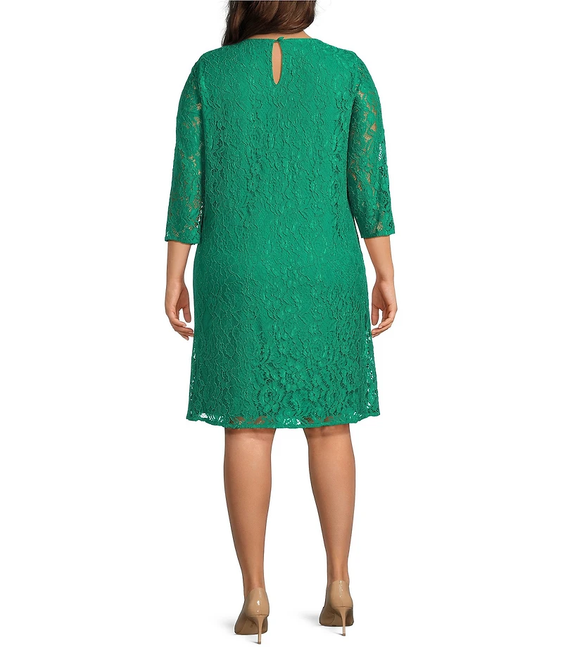 Caroline Plus Size Floral Lace Round Neck 3/4 Sleeve Bodice Lined Shift Dress