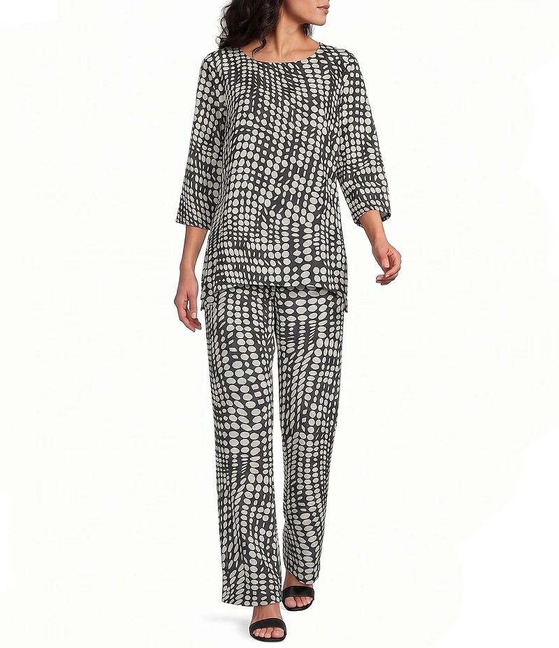 Caroline Rose Abstract Geo Dot Print Crepe Elastic Waist Flat Front Wide-Leg Pants