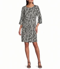Caroline Rose Abstract Geo Dot Print Crepe Graphic Print Scoop Neck 3/4 Sleeve Easy Dress