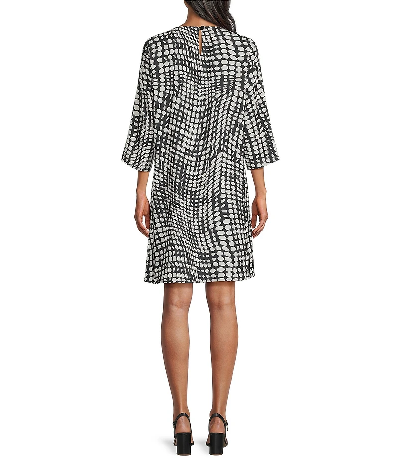 Caroline Rose Abstract Geo Dot Print Crepe Graphic Print Scoop Neck 3/4 Sleeve Easy Dress