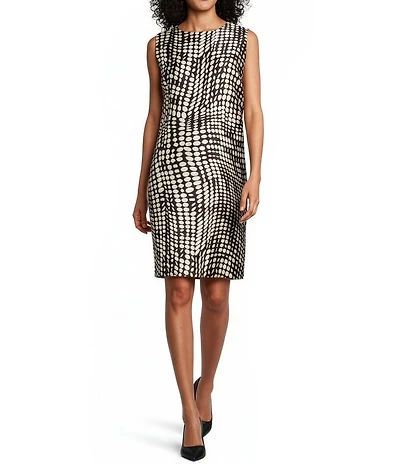 Caroline Rose Abstract Geo Dot Printed Mikado Scoop Neck Sleeveless Sheath Dress