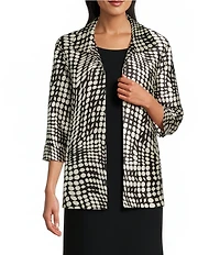 Caroline Rose Abstract Geo Dot Printed Mikado Spread Collar Cuffed 3/4 Sleeve Open-Front Jacket