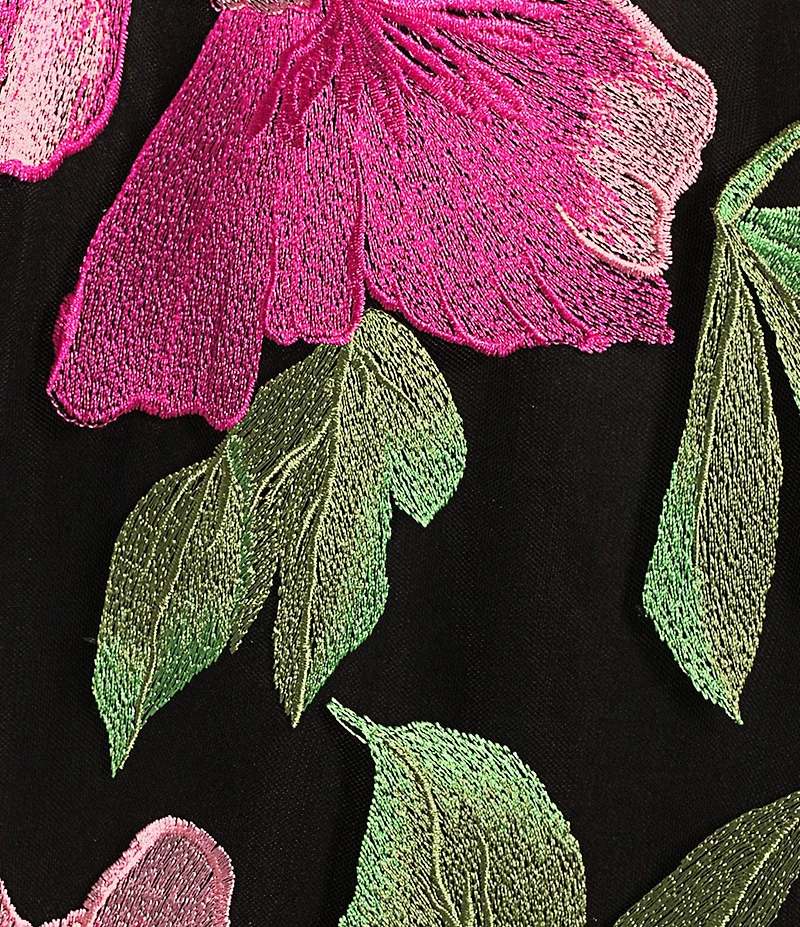 Caroline Rose Abundant Blooms Embroidered Mesh Round Neck 3/4 Sleeve A-Line Dress