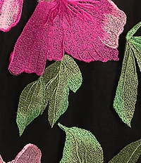 Caroline Rose Abundant Blooms Embroidered Mesh Round Neck 3/4 Sleeve A-Line Dress