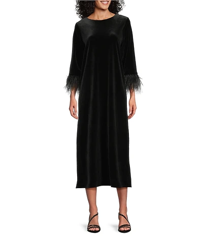 Caroline Rose Aria Stretch Velvet Scoop Neck Feather Trim 3/4 Sleeve Sheath Midi Dress