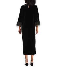Caroline Rose Aria Stretch Velvet Scoop Neck Feather Trim 3/4 Sleeve Sheath Midi Dress