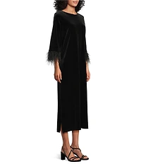 Caroline Rose Aria Stretch Velvet Scoop Neck Feather Trim 3/4 Sleeve Sheath Midi Dress