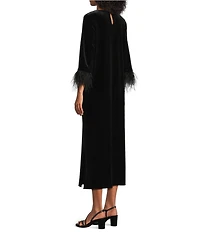 Caroline Rose Aria Stretch Velvet Scoop Neck Feather Trim 3/4 Sleeve Sheath Midi Dress