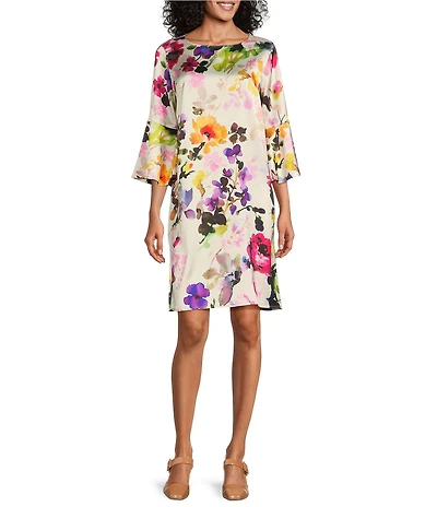 Caroline Rose Bella Brilliant Floral Bouquet Print Satin Scoop Neck 3/4 Soft Bell Sleeve Shift Dress