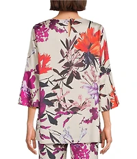 Caroline Rose Bella Coordinating Floral Print Satin Round Neck 3/4 Bell Sleeve Tunic