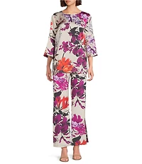 Caroline Rose Bella Coordinating Floral Print Satin Round Neck 3/4 Bell Sleeve Tunic
