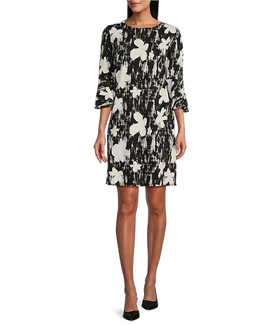 Caroline Rose Bella Dancing Floral Knit Scoop Neck 3/4 Bell Sleeve Dress