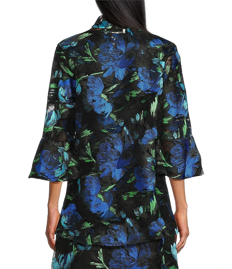 Caroline Rose Bella Embroidered Blooms Mesh Knit Drape Neck 3/4 Bell Sleeve Jacket