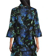 Caroline Rose Bella Embroidered Blooms Mesh Knit Drape Neck 3/4 Bell Sleeve Jacket