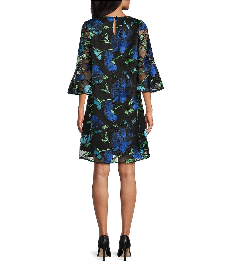 Caroline Rose Bella Embroidered Blooms Mesh Knit Scoop Neck 3/4 Bell Sleeve A-Line Dress