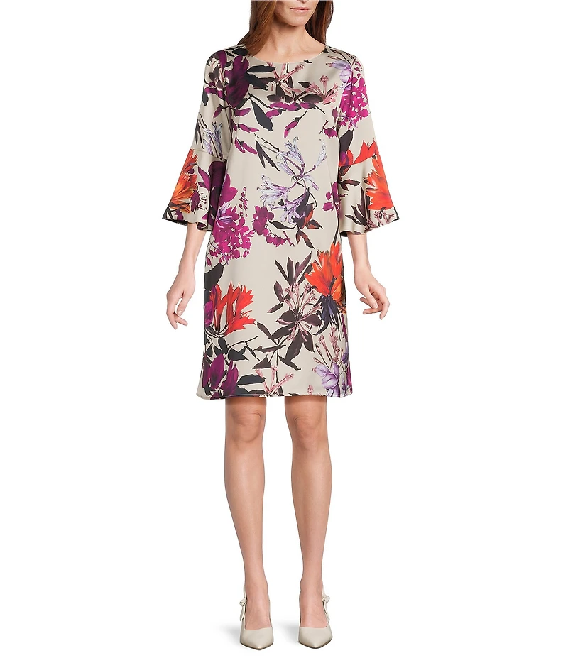 Caroline Rose Bella Floral Print Satin Round Neck 3/4 Bell Sleeve Shift Dress