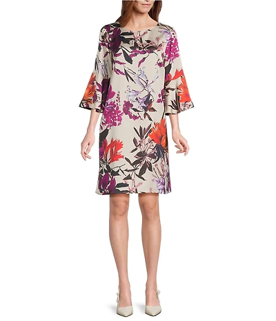 Caroline Rose Bella Floral Print Satin Round Neck 3/4 Bell Sleeve Shift Dress