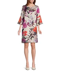 Caroline Rose Bella Floral Print Satin Round Neck 3/4 Bell Sleeve Shift Dress