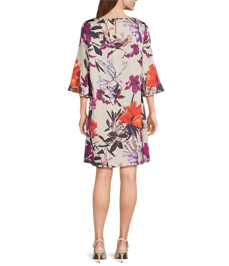 Caroline Rose Bella Floral Print Satin Round Neck 3/4 Bell Sleeve Shift Dress