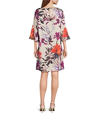 Caroline Rose Bella Floral Print Satin Round Neck 3/4 Bell Sleeve Shift Dress