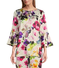 Caroline Rose Bella Floral Satin Scoop Neck 3/4 Soft Bell Sleeve Coordinating A-Line Tunic