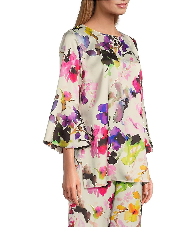 Caroline Rose Bella Floral Satin Scoop Neck 3/4 Soft Bell Sleeve Coordinating A-Line Tunic