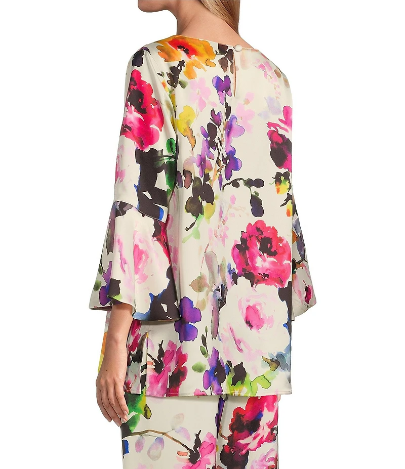 Caroline Rose Bella Floral Satin Scoop Neck 3/4 Soft Bell Sleeve Coordinating A-Line Tunic