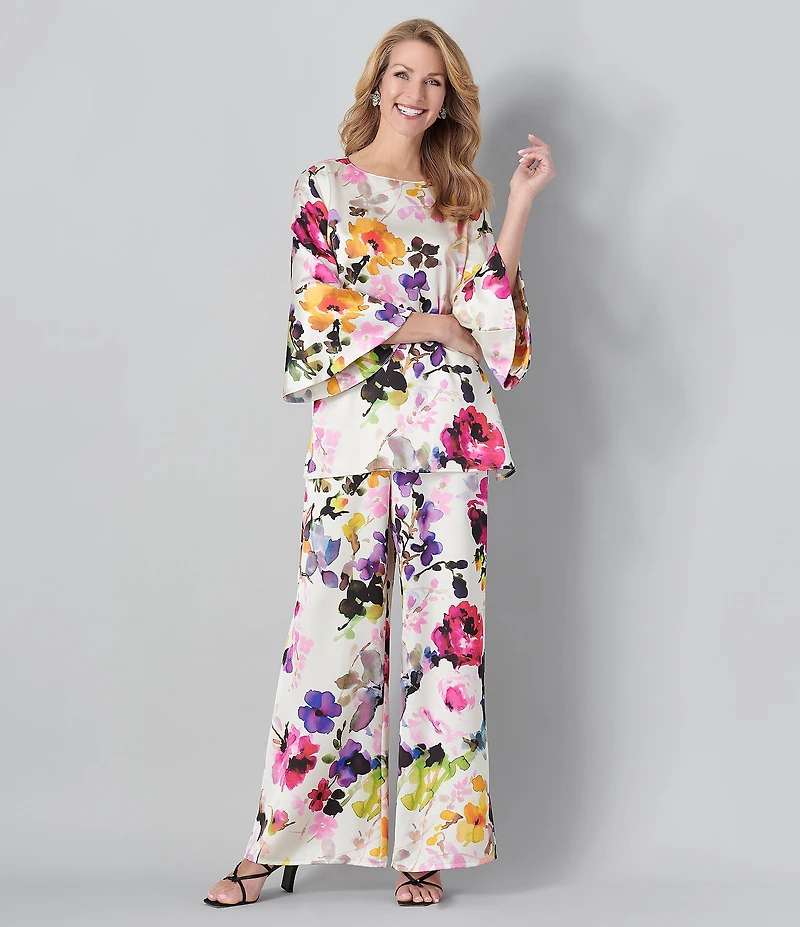 Caroline Rose Bella Floral Satin Scoop Neck 3/4 Soft Bell Sleeve Coordinating A-Line Tunic