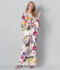 Caroline Rose Bella Floral Satin Scoop Neck 3/4 Soft Bell Sleeve Coordinating A-Line Tunic