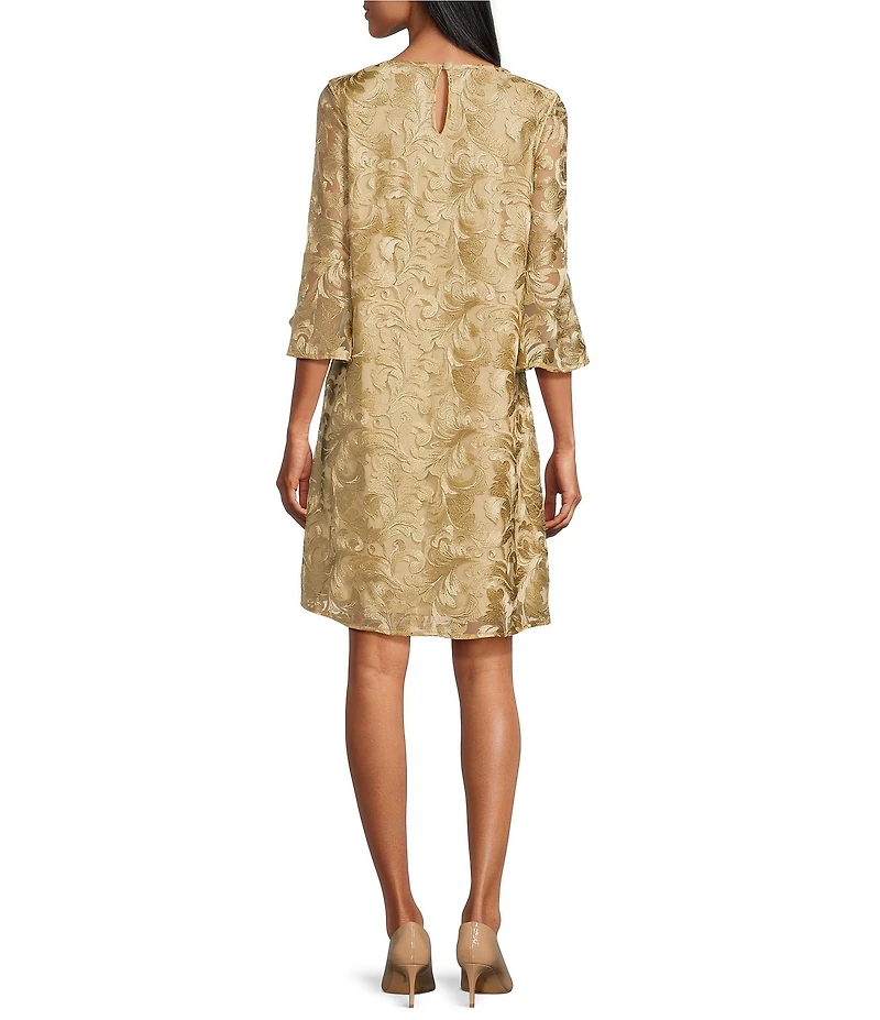 Caroline Rose Bella Soiree Embroidered Mesh Lace 3/4 Bell Sleeve Shift Dress