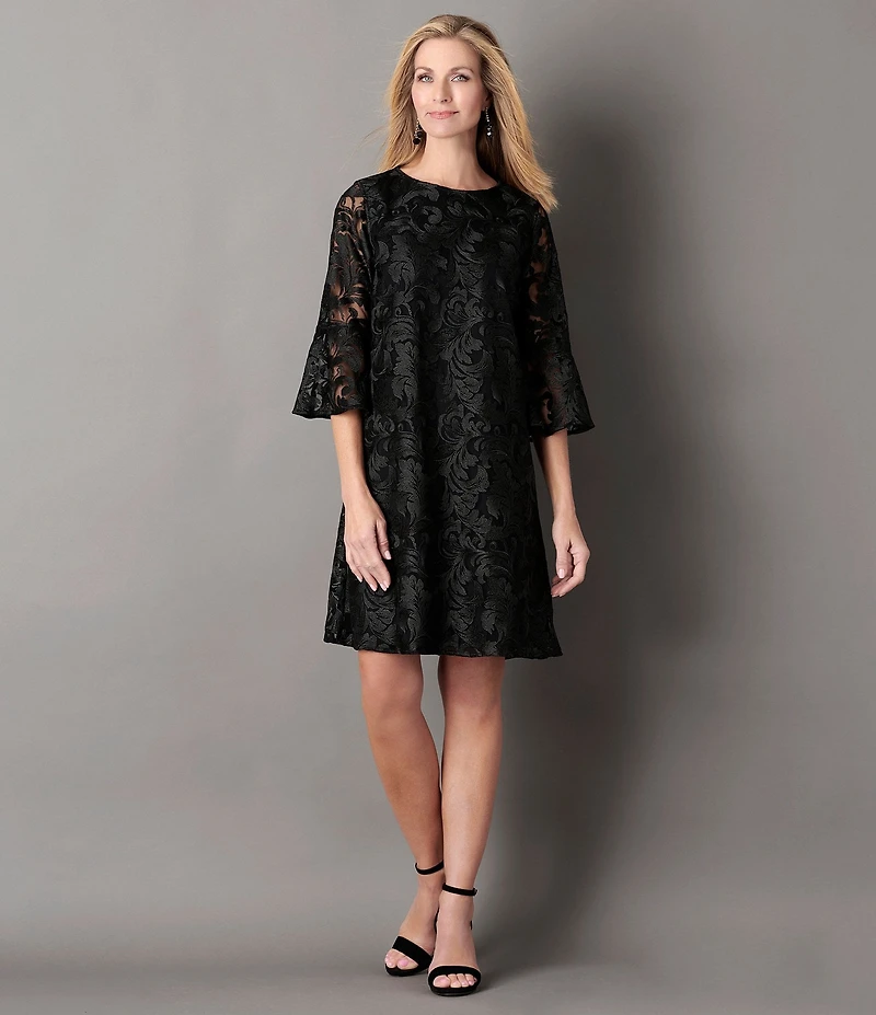 Caroline Rose Bella Soiree Embroidered Mesh Lace 3/4 Bell Sleeve Shift Dress
