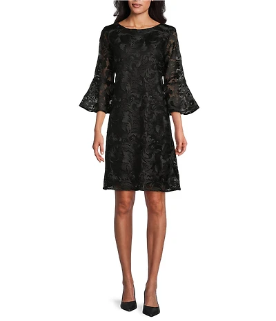 Caroline Rose Bella Soiree Embroidered Mesh Lace 3/4 Bell Sleeve Shift Dress