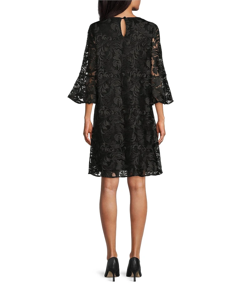 Caroline Rose Bella Soiree Embroidered Mesh Lace 3/4 Bell Sleeve Shift Dress