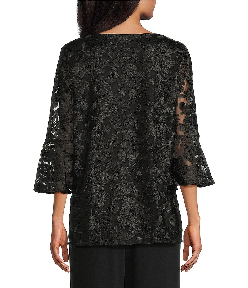 Caroline Rose Bella Soiree Embroidered Mesh Lace Scoop Neck 3/4 Bell Sleeve Tunic