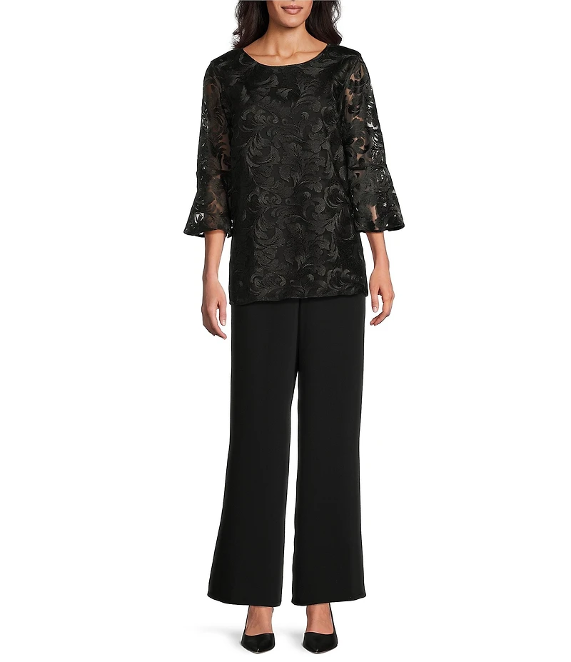 Caroline Rose Bella Soiree Embroidered Mesh Lace Scoop Neck 3/4 Bell Sleeve Tunic