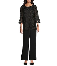Caroline Rose Bella Soiree Embroidered Mesh Lace Scoop Neck 3/4 Bell Sleeve Tunic