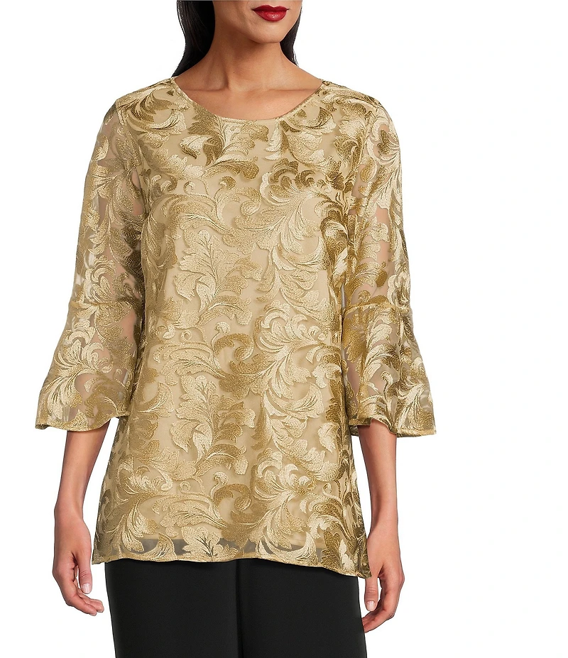 Caroline Rose Bella Soiree Embroidered Mesh Lace Scoop Neck 3/4 Bell Sleeve Tunic
