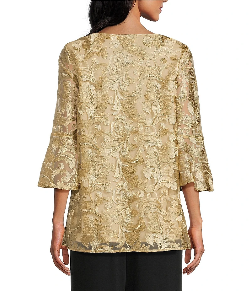 Caroline Rose Bella Soiree Embroidered Mesh Lace Scoop Neck 3/4 Bell Sleeve Tunic