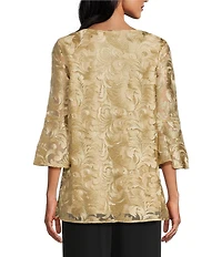Caroline Rose Bella Soiree Embroidered Mesh Lace Scoop Neck 3/4 Bell Sleeve Tunic