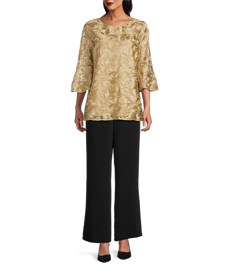 Caroline Rose Bella Soiree Embroidered Mesh Lace Scoop Neck 3/4 Bell Sleeve Tunic