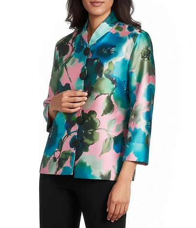 Caroline Rose Blooming Colors Floral Printed Mikado Mandarin Collar Cuffed Bracelet Sleeve Button-Front Statement Jacket