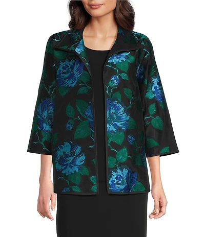 Caroline Rose Blue Rose Print Devore Point Collar Bracelet Sleeve Open-Front Statement Jacket