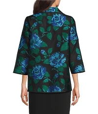 Caroline Rose Blue Rose Print Devore Point Collar Bracelet Sleeve Open-Front Statement Jacket