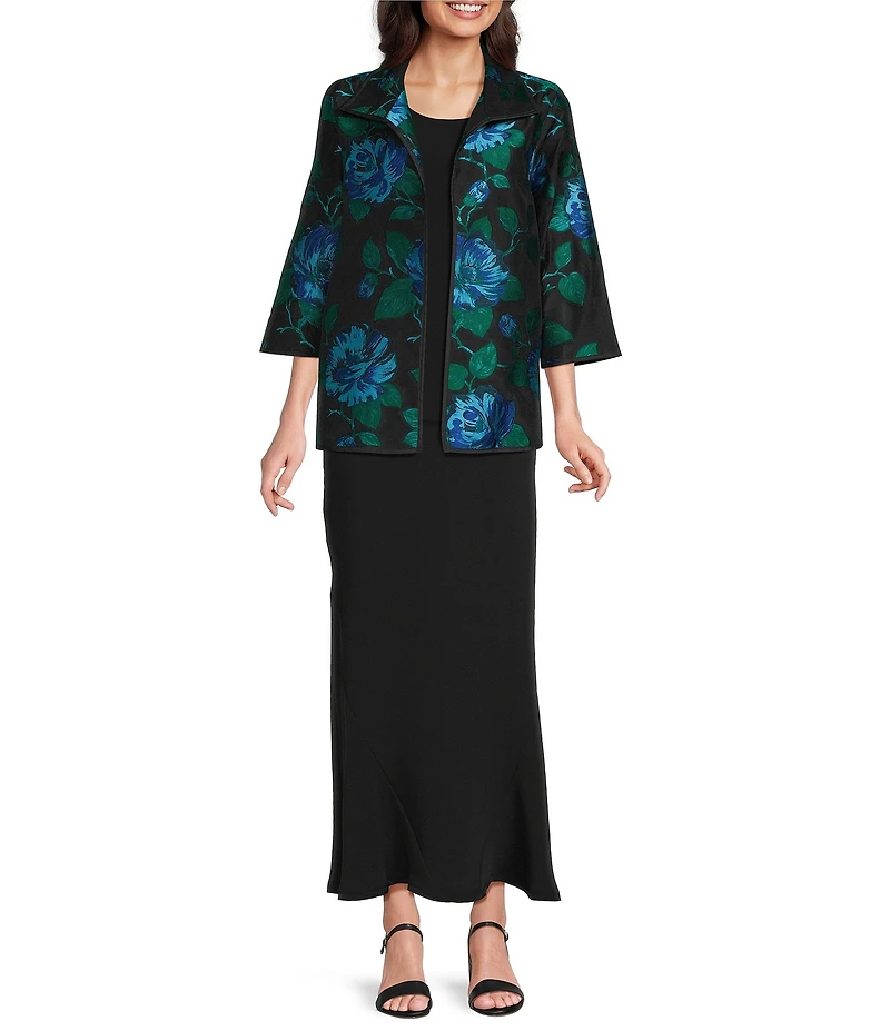 Caroline Rose Blue Rose Print Devore Point Collar Bracelet Sleeve Open-Front Statement Jacket