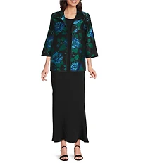 Caroline Rose Blue Rose Print Devore Point Collar Bracelet Sleeve Open-Front Statement Jacket