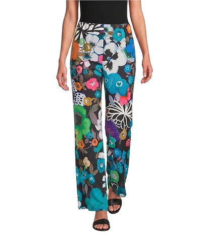 Caroline Rose Bright Multi Floral Print Crepe Flat Front Elastic Waist Wide-Leg Pants