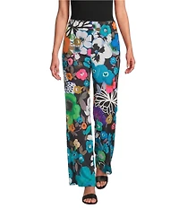 Caroline Rose Bright Multi Floral Print Crepe Flat Front Elastic Waist Wide-Leg Pants