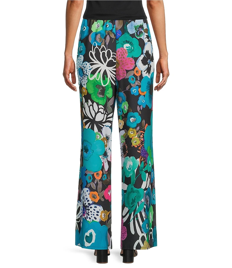 Caroline Rose Bright Multi Floral Print Crepe Flat Front Elastic Waist Wide-Leg Pants