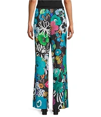 Caroline Rose Bright Multi Floral Print Crepe Flat Front Elastic Waist Wide-Leg Pants